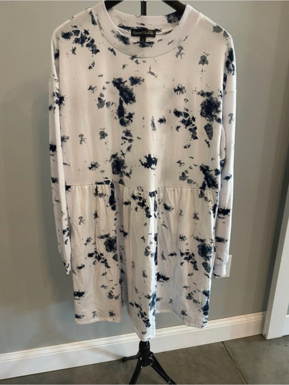 Crystal Doll White Long Sleeve Tie-Dye Babydoll Dress with Navy Accents
